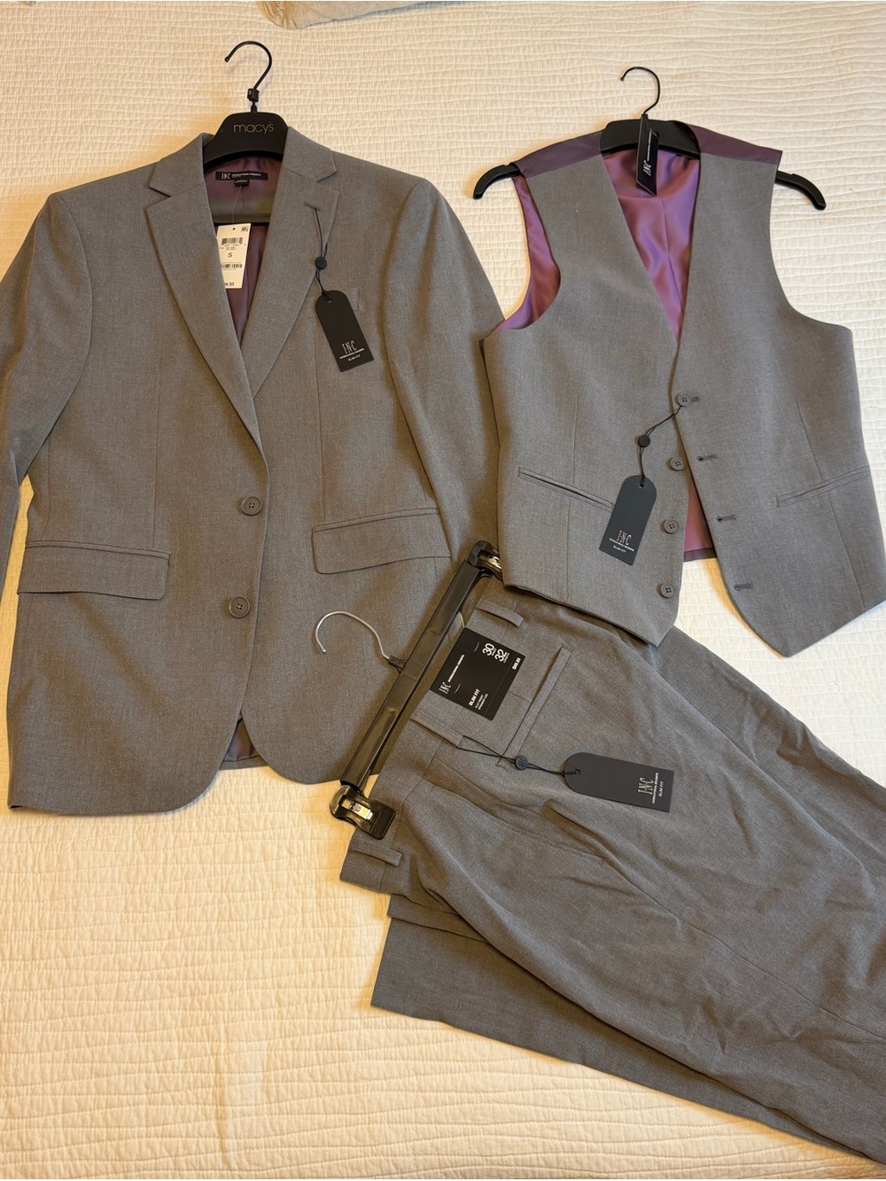 INC International Concepts Gray Men's Three-Piece Suit with Purple Lining